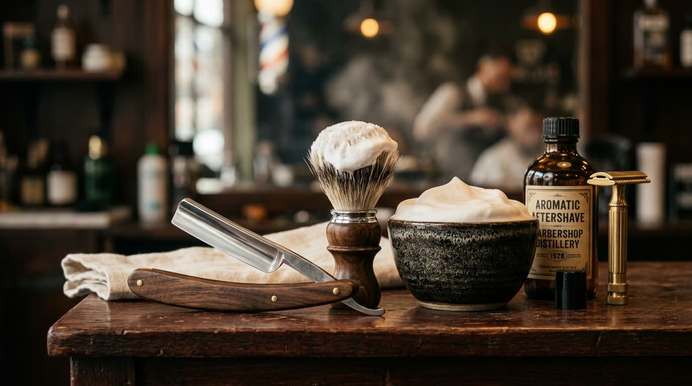 Artisanal wet shaving den setup with straight razor, badger brush, and lather bowl