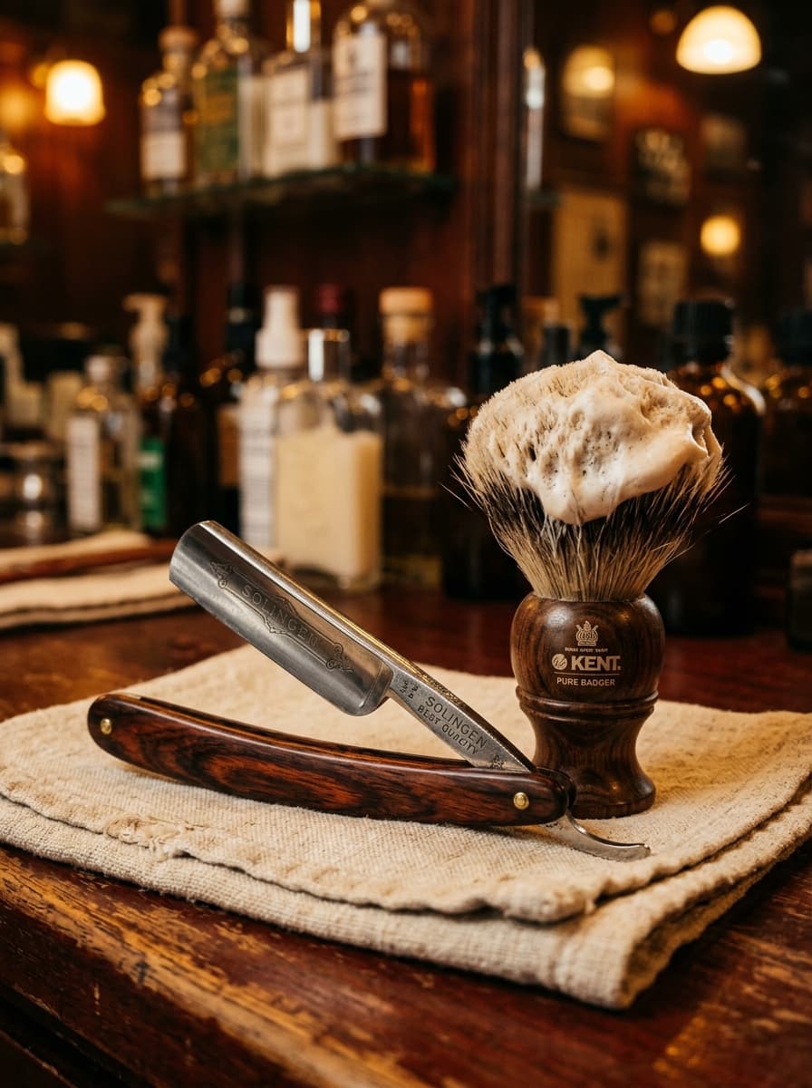 Straight razor and shaving brush detail